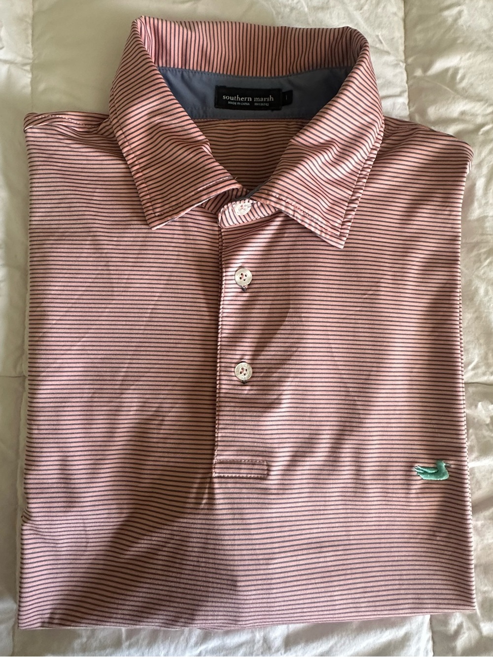 Southern Marsh Men's Large Striped Performance Polo Orange Navy Gray Duck